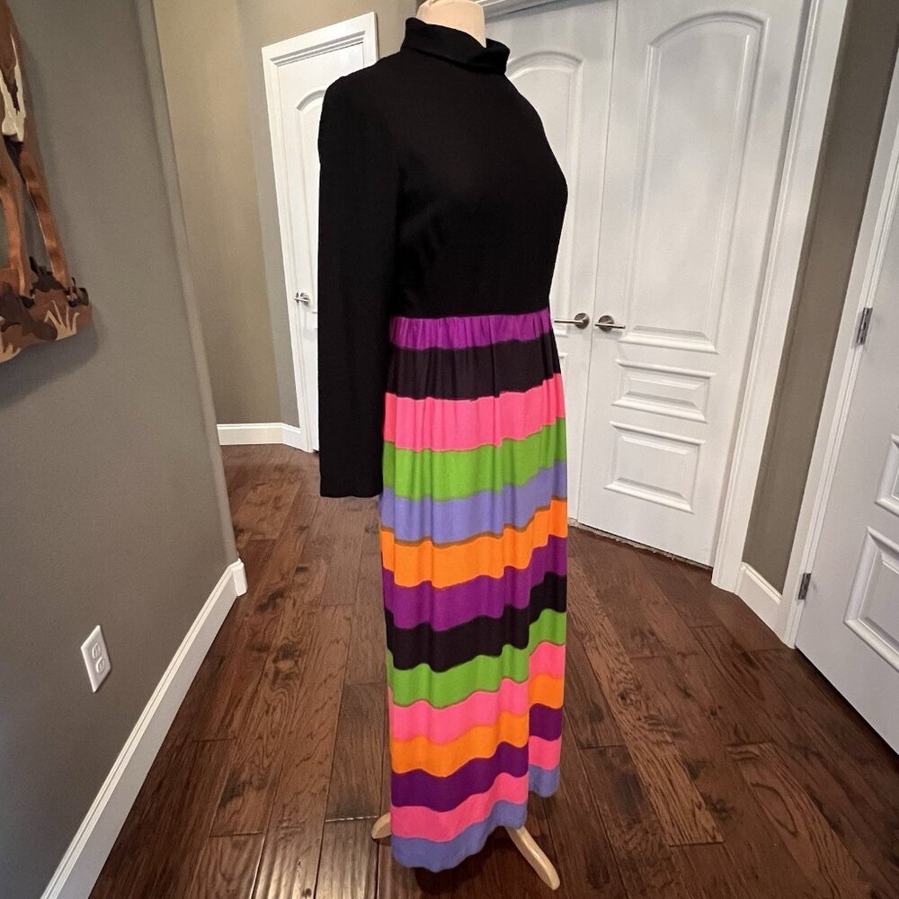 VTG Park East By Swirl Womens Size 14 Maxi Dress Black Top Rainbow Stripe Skirt - Picture 7 of 13